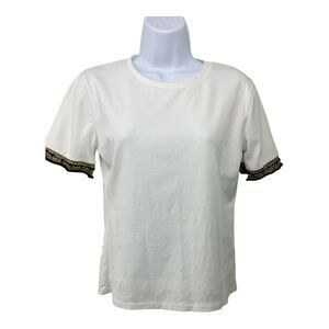 Zara White Short Sleeve Tee-Shirt Top Black/Gold Crochet Sleeve‎ Sz L